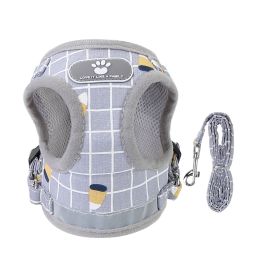 Pet Mesh Harness Dog Leash Set Reflective Chest Strap Adjustable Puppy Vest For Puppies Breeds Dogs Cats Walking Outdoor (Option: LeashGreyCheckeredL)
